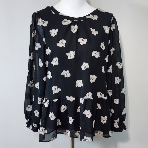 LOFT Tops - Loft‎ Floral Peplum Blouse Womens Medium Petite MP Black Sheer Layer Long Sleeve